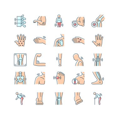 Eklem ağrısı RGB renk simgeleri ayarlandı. Romatizmalı hastalıklar. Eklem iltihabı. Kas iltihabı. Kas iskeleti koşulları. İzole vektör çizimleri. Basit çizgi çizimleri koleksiyonu