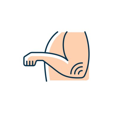 Dirsek romatizması RGB renk ikonu. Yumuşak doku bozukluğu. Romatoid eklem iltihabı. Eklemlerde şiddetli ağrı. Kronik hastalık. Otoimmün durum. İzole vektör çizimi. Basit doldurulmuş çizgi çizimi