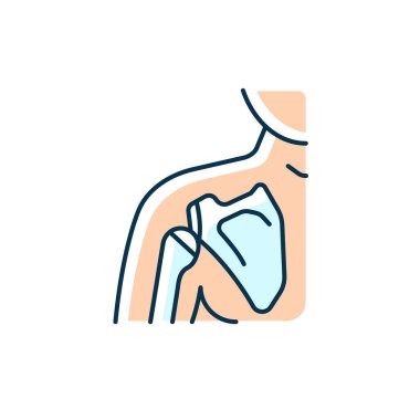 Eklem yerinden çıkan RGB renk simgesi. Omzu çıkmış. Kas zayıflıyor. Burkulma ve kırık. Humerus travması. Bağ yırtılması. Üst kol kemiği. İzole vektör çizimi. Basit doldurulmuş çizgi çizimi