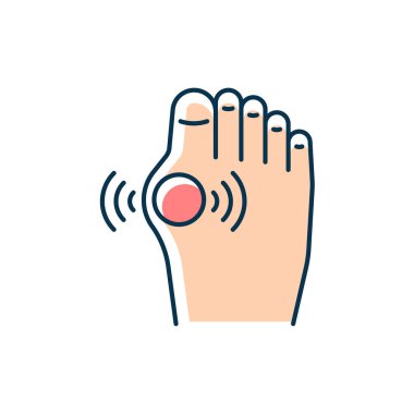 Gout RGB renk simgesi. İltihaplı eklem iltihabı tipi. Ürik asit birikiyor. Baş parmağında eklem iltihabı. Hiperurikemi durumu. Şiddetli eklem ağrısı. İzole vektör çizimi. Basit doldurulmuş çizgi çizimi