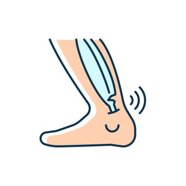 Eklem türleri RGB renk simgesi. Kaslar geriliyor. Şiddetli acı. Anormal tendon gerilmesi. Kas iskeleti yaralanması. Ayak bileği bağları yırtılıyor. İzole vektör çizimi. Basit doldurulmuş çizgi çizimi