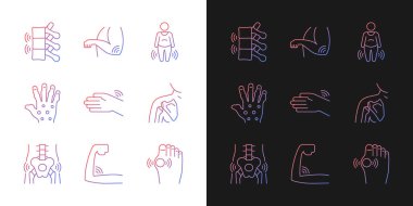 Eklem iltihaplanma eğilimi simgeleri karanlık ve aydınlık moduna ayarlandı. Romatoid eklem iltihabı. Zayıf kaslar. İnce çizgili sembol demetleri. Siyah ve beyaz üzerine izole vektör ana hatları koleksiyonu