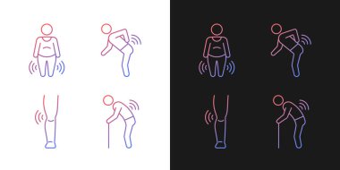 Eklem iltihabı olan yaşlı hastalar karanlık ve aydınlık moduna geçtiler. Sırt romatizması. İnce çizgili sembol demetleri. Siyah ve beyaz üzerine izole vektör ana hatları koleksiyonu