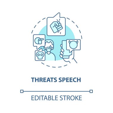 Konuşma mavisi konsept ikonunu tehdit eder. Korunmasız konuşma kategorisi soyut fikir ince çizgi çizimi. Psikolojik zarar veriyor. Vektör izole edilmiş dış hat renk çizimi. Düzenlenebilir vuruş