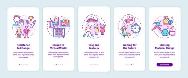 Mobil uygulama sayfası ekranında mutluluk zihniyetinin önündeki engeller. Başarı engelleri, kavramlarla birlikte 5 aşamalı grafik talimatları aşar. UI, UX, doğrusal renk çizimleri olan GUI vektör şablonu