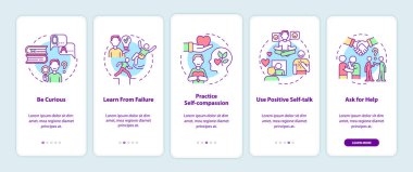 Mobil uygulama sayfası ekranında mutluluk zihniyeti stratejileri. Gol başarısı kavramlarla birlikte 5 adımda grafik talimatları gözden geçir. UI, UX, doğrusal renk çizimleri olan GUI vektör şablonu