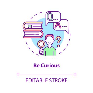 İlginç bir konsept ikonu ol. Soyut fikir ince çizgi illüstrasyonunu öğren ve keşfet. Mutluluk zihniyeti stratejisi. Kişisel gelişim ve başarı. Vektör izole edilmiş dış hat renk çizimi. Düzenlenebilir vuruş