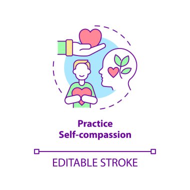 Kendine acıma kavramı ikonu üzerinde çalış. Mutluluk zihniyeti stratejisi soyut fikir ince çizgi çizimi. Kendine karşı nazik ve anlayışlı ol. Vektör izole edilmiş dış hat renk çizimi. Düzenlenebilir vuruş