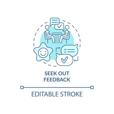 Geri besleme mavi konsept simgesi ara. İşte antrenman. Profesyonel gelişme. Kariyer gelişimi soyut fikir ince çizgi çizimi. Vektör izole edilmiş dış hat renk çizimi. Düzenlenebilir vuruş