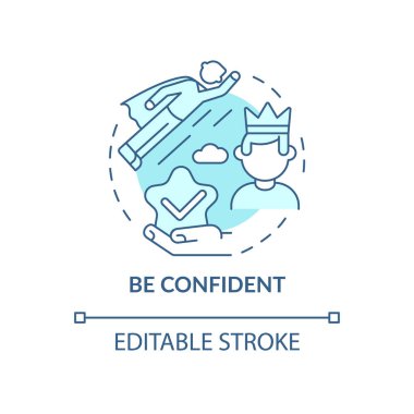 Kendine güven mavi konsept ikonu. Başarılı bir lider için kişilik özelliği. Hedefe ulaş. Kariyer gelişimi soyut fikir ince çizgi çizimi. Vektör izole edilmiş dış hat renk çizimi. Düzenlenebilir vuruş