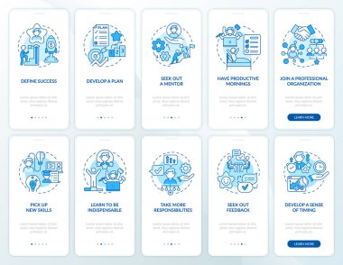 Kariyer geliştirme mavi seyyar uygulama sayfa ekran seti. İş gezisi, kavramlarla birlikte 5 aşamalı grafik talimatlar. UI, UX, doğrusal renk çizimleri koleksiyonu olan GUI vektör şablonu