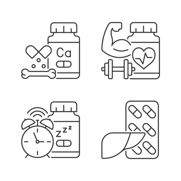 Food Supplements Linear Icons Set Pills Healthy Liver Heart Cardiovascular — Stock Vector