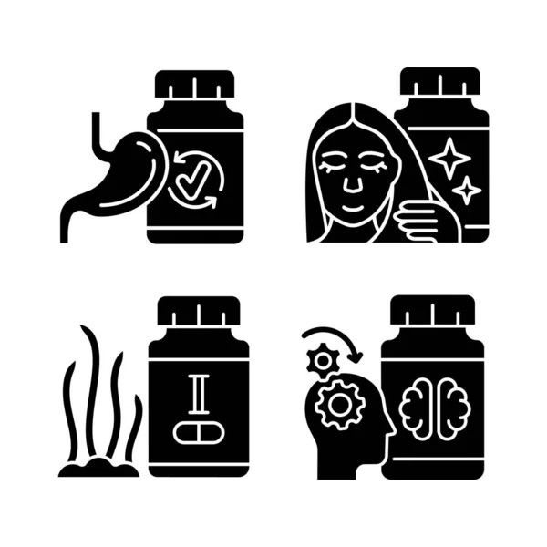 Nahrungsergänzungsmittel Ergänzen Schwarze Glyphen Symbole Auf Weißem Raum Produkte Zur — Stockvektor