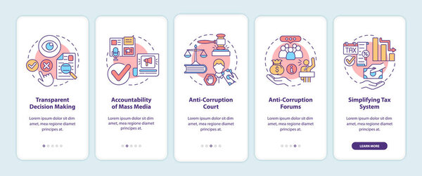 Fighting corruption onboarding mobile app page screen. Awareness and transparency walkthrough 5 steps graphic instructions with concepts. UI, UX, GUI vector template with linear color illustrations