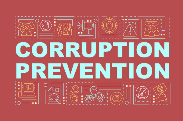 Preventing corruption word concepts banner. Bribery control measures. Infographics with linear icons on red background. Isolated creative typography. Vector outline color illustration with text