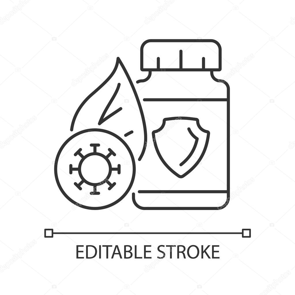 Antioxidant supplements linear icon. Medicine to strengthen immunity. Free radicals treatment. Thin line customizable illustration. Contour symbol. Vector isolated outline drawing. Editable stroke