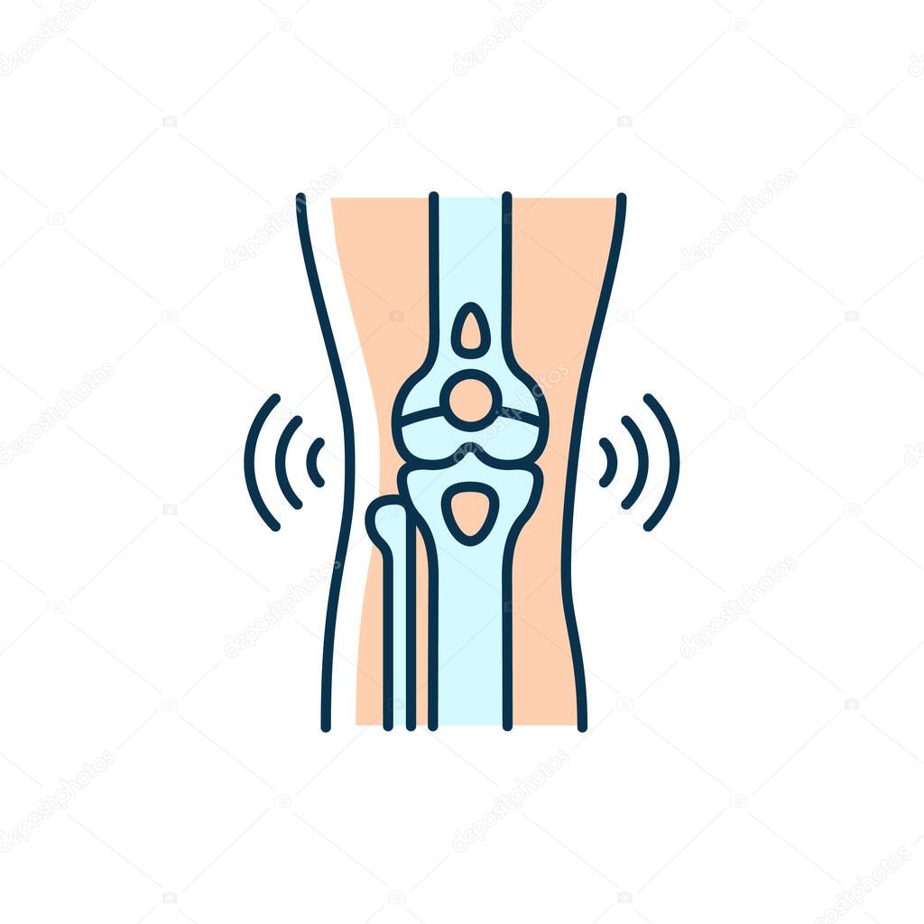 Bursitis RGB color icon. Inflamed joint. Painful swelling in elbow. Traumatic injury in sports. Bursa irritation. Muscle overuse. Chronic pain. Isolated vector illustration. Simple filled line drawing