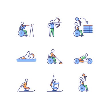 Özürlü sporcular RGB renk simgeleri belirlendi. Ekipmanlı spor oyunları. Uyarlamalı turnuvalar. Özürlü insanlar. İzole vektör çizimleri. Basit çizgi çizimleri koleksiyonu