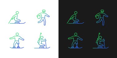 Kış mevsimi atletizm gradyan simgeleri karanlık ve aydınlık moduna ayarlandı. Engelli sporcular. İnce çizgili sembol demetleri. Siyah ve beyaz üzerine izole vektör ana hatları koleksiyonu