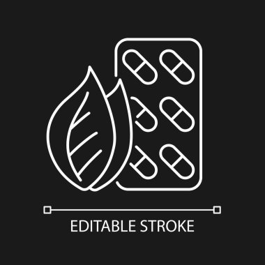 Karanlık tema için bitkisel takviyeler beyaz doğrusal simge. Beden eğitimi. Botanik ürünleri. İnce çizgi özelleştirilebilir illüstrasyon. Gece modu için izole vektör kontur sembolü. Düzenlenebilir vuruş