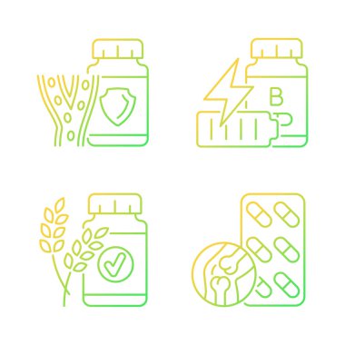 Besin takviyeleri doğrusal vektör simgeleri ayarlandı. Tansiyon düşüklüğüne iyi gelir. Yorgunluk için B vitamini. Doğal malzemeler. İnce çizgili sembol demetleri. İzole edilmiş taslak illüstrasyon koleksiyonu