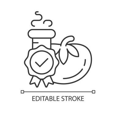 Gıda kalitesi testi doğrusal simgesi. Bilimsel gıda analizi. Görsel görünüm değerlendirmesi yapıyor. İnce çizgi özelleştirilebilir illüstrasyon. Contour sembolü. Vektör izole çizim. Düzenlenebilir vuruş