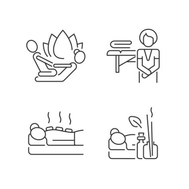 Güzellik prosedürleri doğrusal simgeler ayarlandı. Esneme teknikleri. Masaj pratisyeni. Isıtılmış taşlar uygulanıyor. Özelleştirilebilir ince çizgi şekilleri. İzole vektör çizimi çizimleri. Düzenlenebilir vuruş