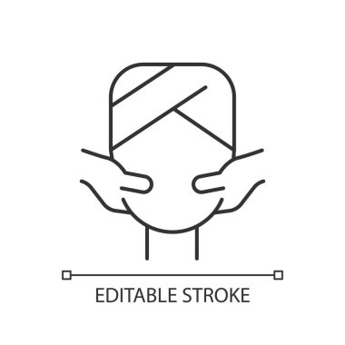 Yüz masajı doğrusal simgesi. Basınç noktaları uyarılıyor. Deride kan akışını hızlandırıyor. İnce çizgi özelleştirilebilir illüstrasyon. Contour sembolü. Vektör izole çizim. Düzenlenebilir vuruş