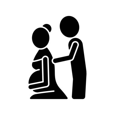 Hamilelik masajı siyah sembol. Anne bedeni beklerken rahatlıyorum. Doğum öncesi masaj terapisi. Sırtındaki ve boynundaki kas ağrılarını hafifletiyor. Beyaz uzayda siluet sembolü. Vektör izole illüstrasyonu