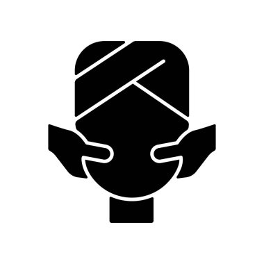 Yüz masajı simgesi. Basınç noktaları uyarılıyor. Deride kan akışını hızlandırıyor. Yüz kaslarına masaj yapıyorum. Kolajen seviyesini yükselt. Beyaz uzayda siluet sembolü. Vektör izole illüstrasyonu