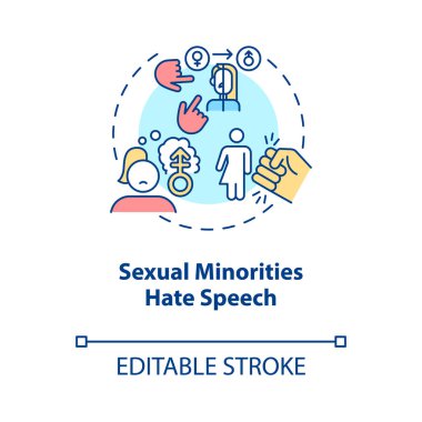 Cinsel azınlıklar konuşma konseptinden nefret eder. İnsan hakları ihlali soyut fikir ince çizgi çizimi. Homofobik nefret olayı. Vektör izole edilmiş dış hat renk çizimi. Düzenlenebilir vuruş