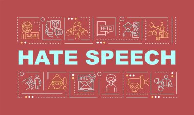 Konuşma kırmızı kelimeden nefret etmek afişi kavramlaştırır. Cinsiyet ve dini ayrımcılık. Pembe arka planda doğrusal simgeleri olan bilgi grafikleri. İzole edilmiş yaratıcı tipografi. Metin ile vektör ana hatları renk illüstrasyonu