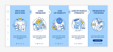 Vektör şablonunda fiziksel sağlık sorunları var. Simgeli ilgili mobil web sitesi. Web sayfasında 5 basamaklı ekranlar. Doğrusal çizimlerle fizyoterapi renk kavramı