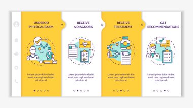 Fizyoterapist danışmanlık vektör şablonunda. Simgeli ilgili mobil web sitesi. Web sayfasında 4 basamaklı ekranlar. Doğrusal çizimlerle fiziksel sağlık rengi kavramı