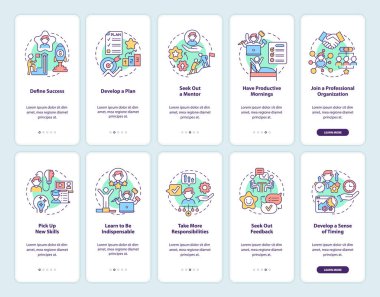 Mobil uygulama ekranında kariyer gelişimi. İş gezisi, kavramlarla birlikte 5 aşamalı grafik talimatlar. UI, UX, doğrusal renk çizimleri koleksiyonu olan GUI vektör şablonu