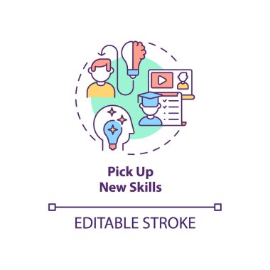 Yeni beceri konsept simgesi al. Kaliteli şirket çalışanı. Profesyonel gelişme. Kariyer gelişimi soyut fikir ince çizgi çizimi. Vektör izole edilmiş dış hat renk çizimi. Düzenlenebilir vuruş