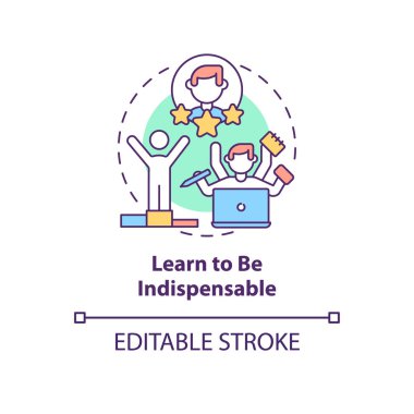 Vazgeçilmez konsept ikonu olmayı öğren. Sorumlu işçi, başarılı işçi özelliği. Kariyer gelişimi soyut fikir ince çizgi çizimi. Vektör izole edilmiş dış hat renk çizimi. Düzenlenebilir vuruş
