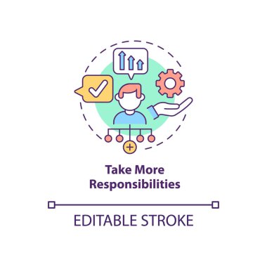 Daha fazla sorumluluk kavramı ikonu al. Şirket lideri. Çalışanlar için kişisel bir özellik. Kariyer gelişimi soyut fikir ince çizgi çizimi. Vektör izole edilmiş dış hat renk çizimi. Düzenlenebilir vuruş