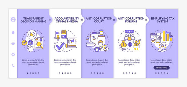 Anti corruption measures onboarding vector template. Responsive mobile website with icons. Web page walkthrough 5 step screens. Government policy color concept with linear illustrations
