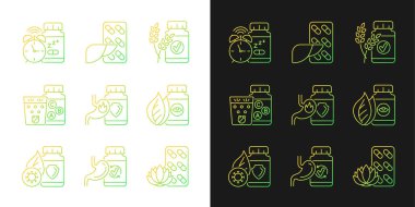 Gıda takviyeleri simgeleri karanlık ve aydınlık mod için ayarlandı. Beslenme ürünleri. Sindirim ilacı. İnce çizgili sembol demetleri. Siyah ve beyaz üzerine izole vektör ana hatları koleksiyonu