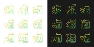 Gıda takviyeleri simgeleri karanlık ve aydınlık mod için ayarlandı. Besleyici bileşikler. Vitamin kaynağı. İnce çizgili sembol demetleri. Siyah ve beyaz üzerine izole vektör ana hatları koleksiyonu