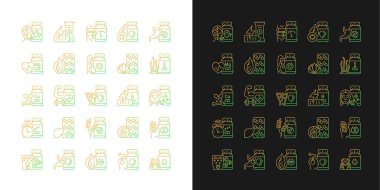 Gıda takviyeleri simgeleri karanlık ve aydınlık mod için ayarlandı. Vitamin ve besin kaynakları var. İnce çizgili sembol demetleri. Siyah ve beyaz üzerine izole vektör ana hatları koleksiyonu