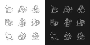 Organik ürünler, karanlık ve aydınlık mod için doğrusal simgeleri test ediyor. Fiziksel analiz. Moleküler bileşim. Özelleştirilebilir ince çizgi sembolleri. İzole vektör çizimi çizimleri. Düzenlenebilir vuruş