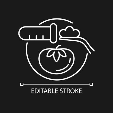 Gıda testi beyaz doğrusal simge koyu tema için. Besin güvenliği ve kalite kontrolü. Örnekleme işlemi. İnce çizgi özelleştirilebilir illüstrasyon. Gece modu için izole vektör kontur sembolü. Düzenlenebilir vuruş