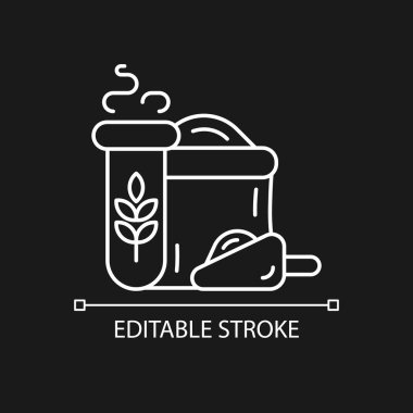 Koyu renk tema için buğday ve un kalitesi test beyaz doğrusal simgesi. Un değirmeni endüstrisi üretimi. İnce çizgi özelleştirilebilir illüstrasyon. Gece modu için izole vektör kontur sembolü. Düzenlenebilir vuruş