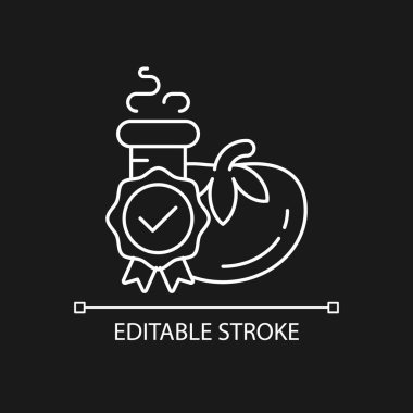 Gıda kalitesi koyu renk tema için beyaz doğrusal simgeyi test ediyor. Bilimsel gıda analizi. Ürün değerlendirmesi. İnce çizgi özelleştirilebilir illüstrasyon. Gece modu için izole vektör kontur sembolü. Düzenlenebilir vuruş