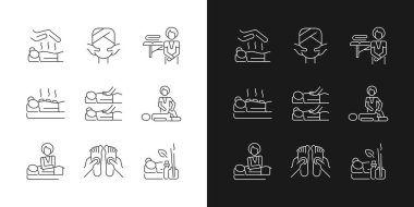 Spa tedavileri. Karanlık ve aydınlık moduna ayarlı doğrusal simgeler. Reiki seansı. Yüz masajı. Sıcak taş terapisi. Özelleştirilebilir ince çizgi sembolleri. İzole vektör çizimi çizimleri. Düzenlenebilir vuruş