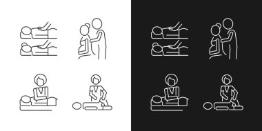 Karanlık ve aydınlık moduna ayarlanmış spa deneyimi doğrusal simgeleri dinleniyor. Çift masajı. Doğum öncesi terapisi. Özelleştirilebilir ince çizgi sembolleri. İzole vektör çizimi çizimleri. Düzenlenebilir vuruş