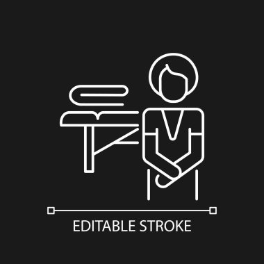 Koyu tema için masajcı beyaz doğrusal simge. Profesyonel fizyoterapist. Spa tedavisi. İnce çizgi özelleştirilebilir illüstrasyon. Gece modu için izole vektör kontur sembolü. Düzenlenebilir vuruş