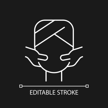 Koyu tema için yüz masajı beyaz doğrusal simgesi. Basınç noktaları uyarılıyor. Kan akışını hızlandırıyorum. İnce çizgi özelleştirilebilir illüstrasyon. Gece modu için izole vektör kontur sembolü. Düzenlenebilir vuruş